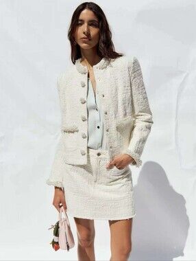 Self Portrait Cream Textured Denim Jacket